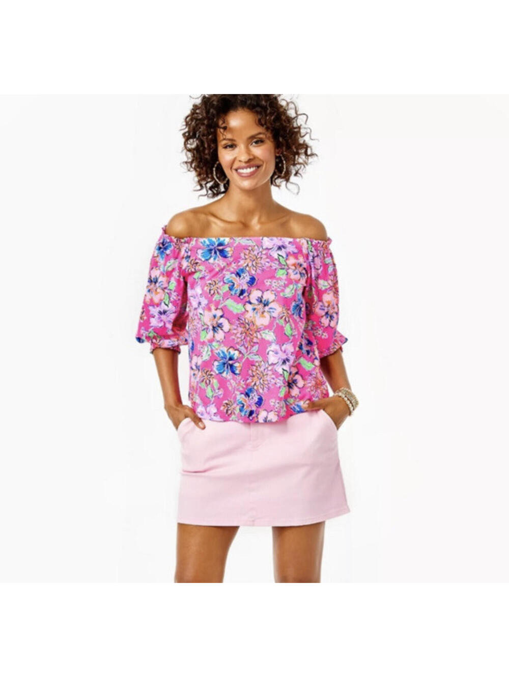 Lilly Pulitzer 100% Cotton Lessa Off-The-Shoulder Top Pink Floral Sz Large